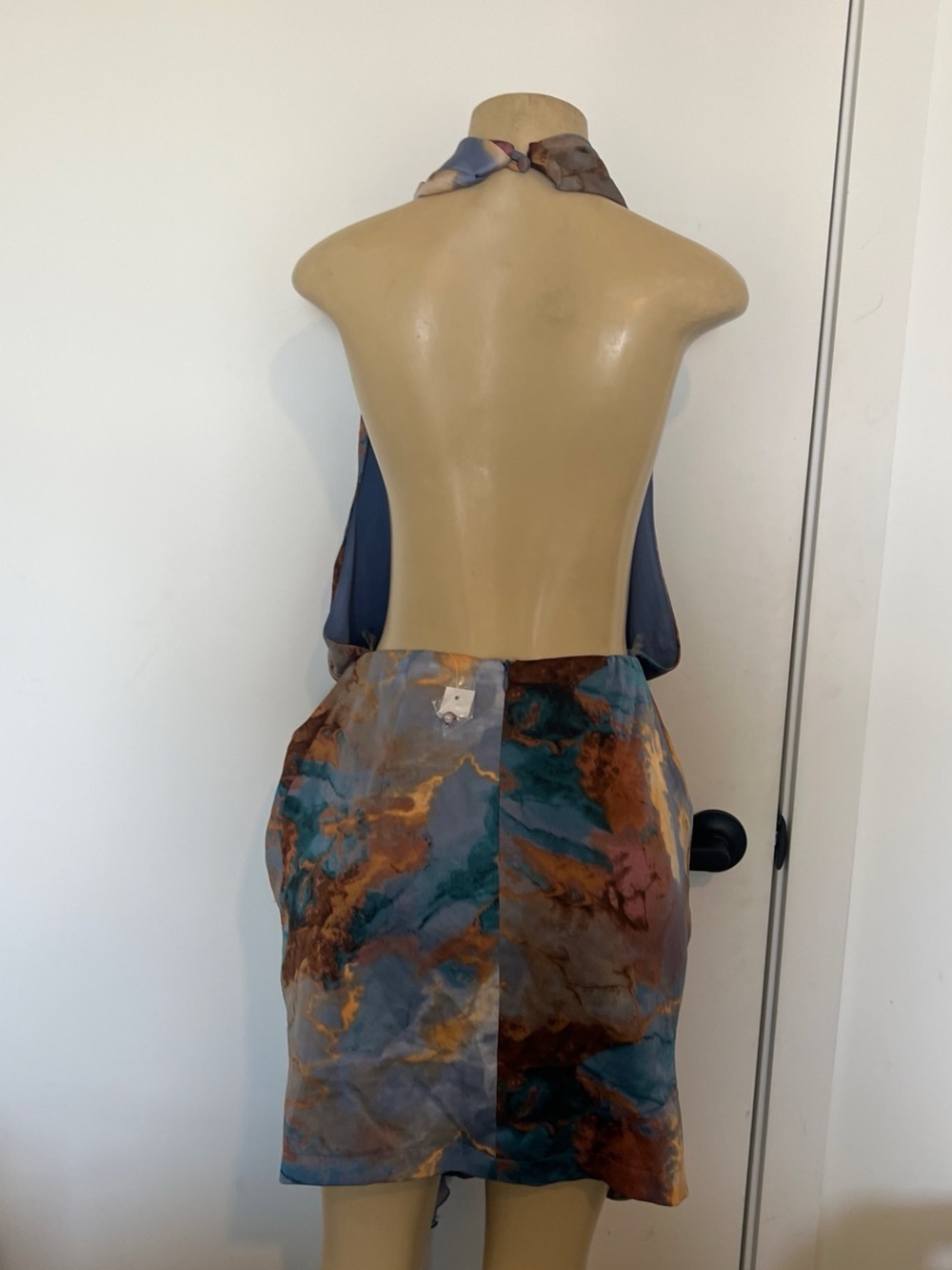Blue Marble-Print Draped Mini Dress with Sash - Picture 2 of 3
